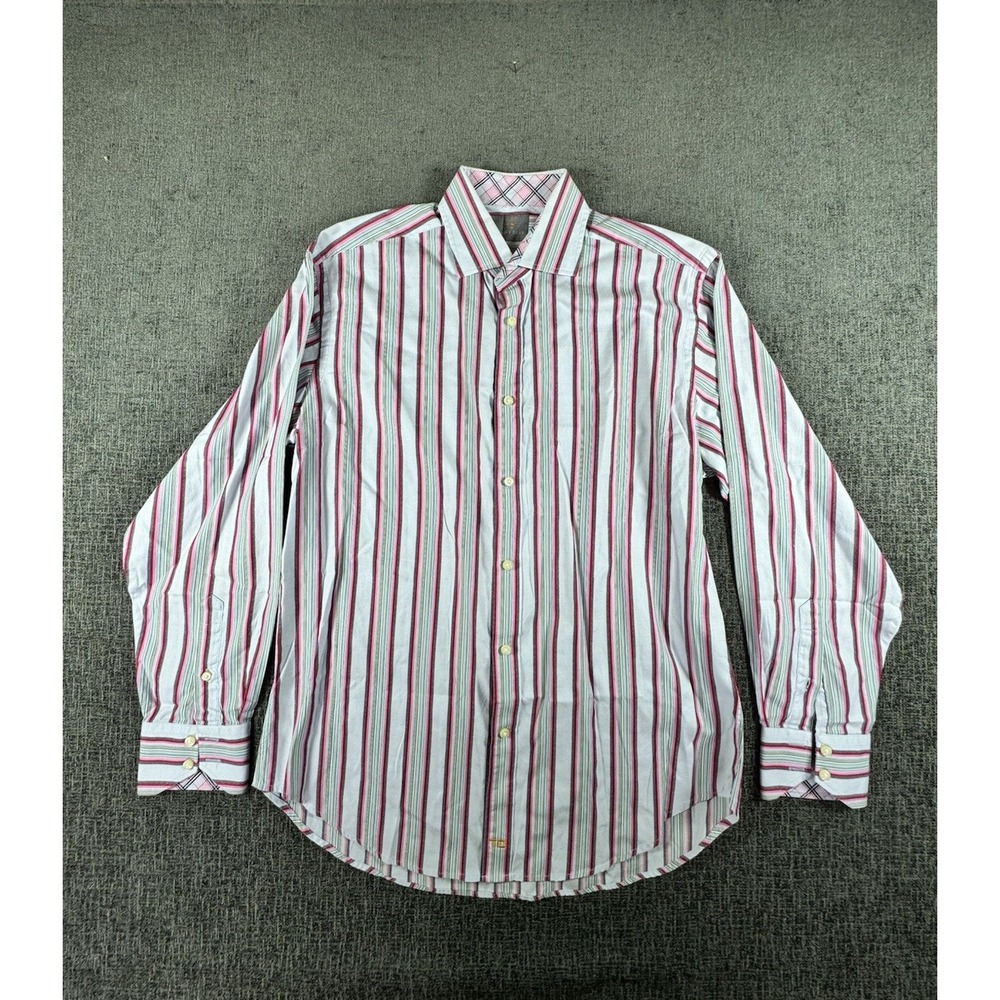 Thomas Dean Mens Button Down Multi Color Striped Dress Shirt Medium